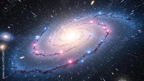 A vibrant spiral with bright stars and light trails in deep space