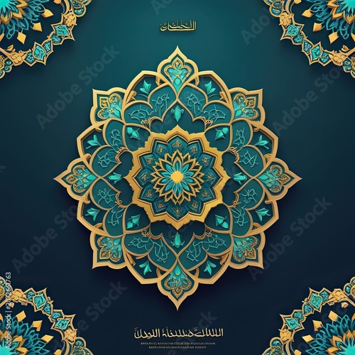 Beautiful green floral mandala pattern with gold geometric details on dark background