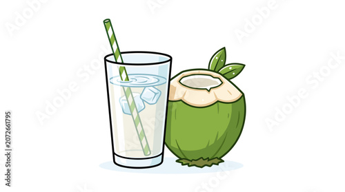 Fresh Coconut Water Drink in a Tall Glass with Straw.