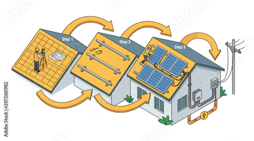 Illustration of solar panel installation process on a house roof.