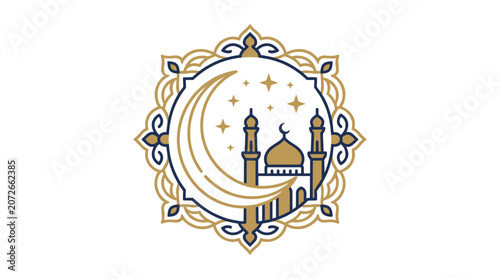 Islamic Crescent Moon and Mosque Illustration.