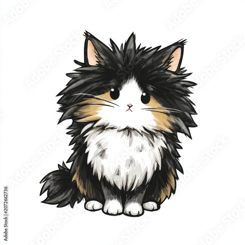Fluffy Calico Cat With Big Eyes Sitting On White Background Anime Style