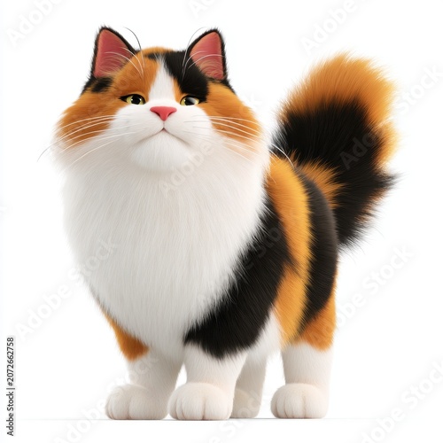 Fluffy Calico Cat With Distinct Orange Black and White Fur Standing Against White Background