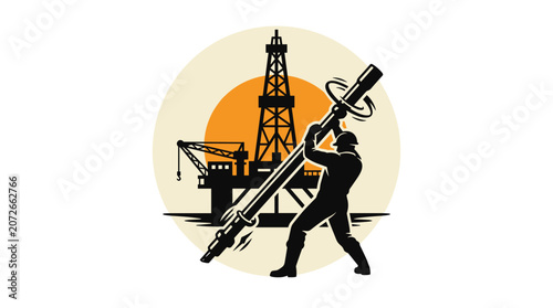 Oil worker holding drill bit with oil rig in background.