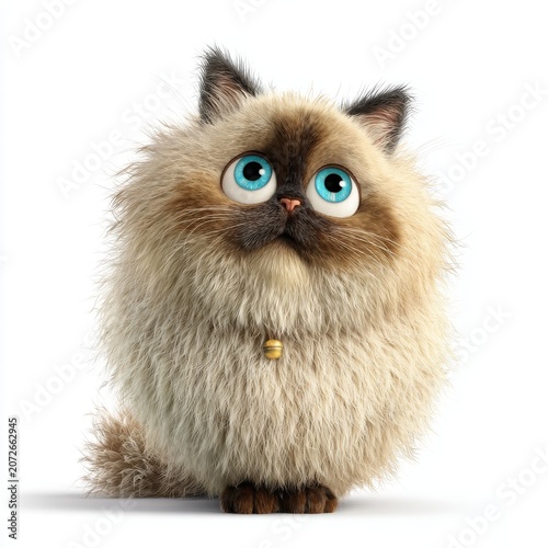 Fluffy Himalayan Cat With Big Blue Eyes And Golden Bell Collar On White Background
