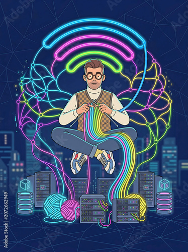 Man knitting digital data with glowing yarn above server racks. Cyber network concept illustration. 