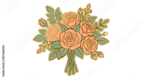 Peach Rose Bouquet with Green Leaves and Buds.