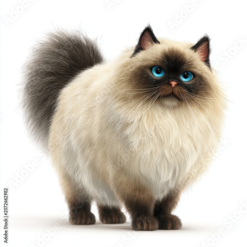 Fluffy Himalayan Cat With Blue Eyes And Bushy Tail Standing On White Background