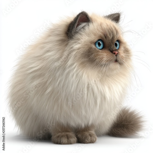 Fluffy Himalayan Cat With Bright Blue Eyes Sitting On White Background Looking Right Soft Lighting