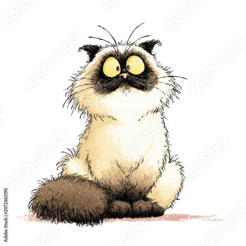 Fluffy Himalayan Cat With Wide Yellow Eyes Sits On White Background With Fuzzy Texture