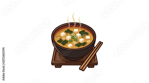 Steaming Bowl of Miso Soup with Tofu and Seaweed.