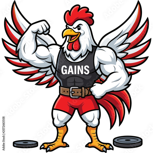 A muscular cartoon chicken wearing a weightlifter vest flexes its muscles outdoors.