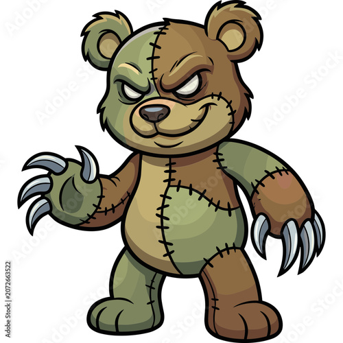 A cartoon illustration of a stitched bear with sharp claws standing menacingly indoors.