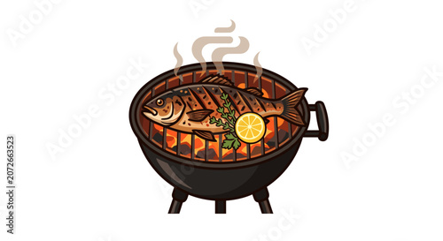 Whole Fish Grilled on Barbecue With Lemon and Herbs.
