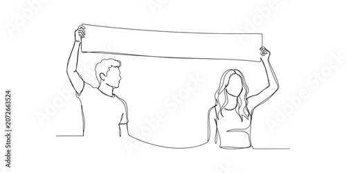 Slika na platnu Continuous line drawing of a man and woman holding up a blank sign isolated on w