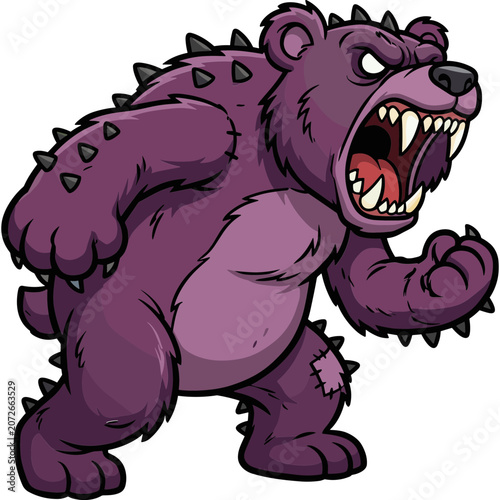 A purple bear with spikes appears angry and menacing on a white surface.