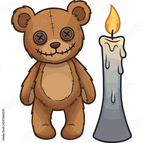 A cartoon teddy bear with stitched face stands beside a melting candle.