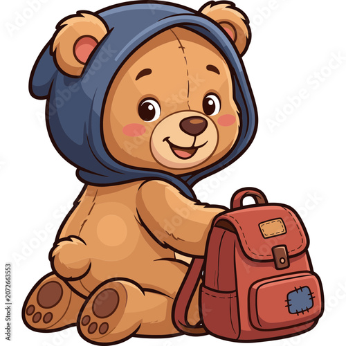 A cute cartoon bear wearing a blue hood sits with a red backpack.