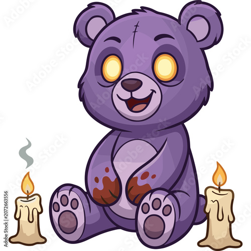 A creepy purple bear with glowing eyes sits between two lit candles.