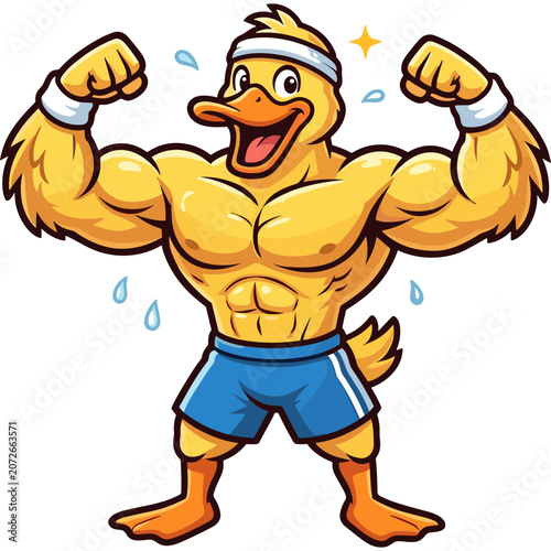 A muscular cartoon duck wearing blue shorts and a headband flexes its arms in a triumphant pose with sweat drops around it.