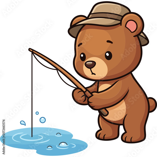 A cartoon bear fishing with a rod in water outdoors alone