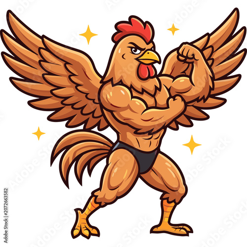 A muscular cartoon rooster flexing its wings and muscles in a fighting stance.