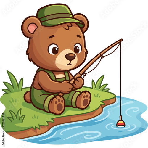 A cute cartoon bear fishing on a serene lake shore wearing green