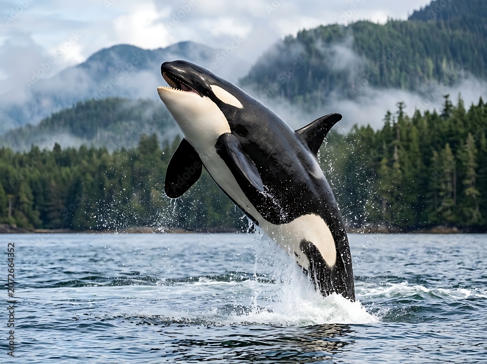 Obraz premium Majestic killer whale leaping out of the water with a stunning forest and mountain backdrop