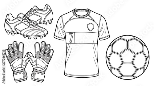 Collection of soccer equipment including cleats, gloves, jersey, and ball.
