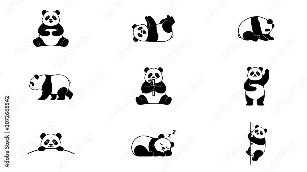 Fototapeta premium Pandas in Various Poses as Black and White Vector Illustrations Featuring Panda, Illustration, Animal with Cute and Cartoon
