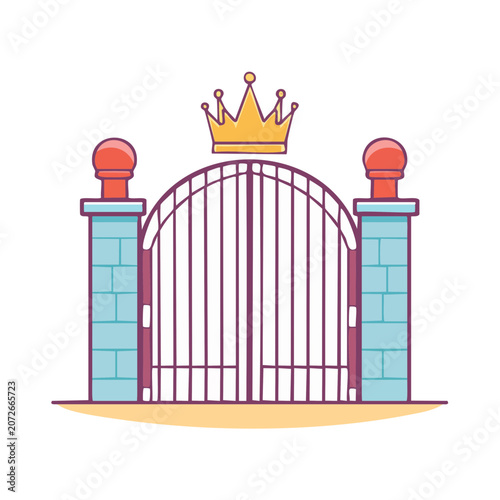 Ornate Gate with Crown on Pillars Flat Vector Illustration