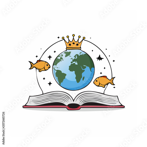 Open Book with Globe, Fish, and Crown Illustration