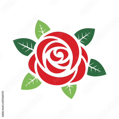 Red rose with green leaves flat vector illustration