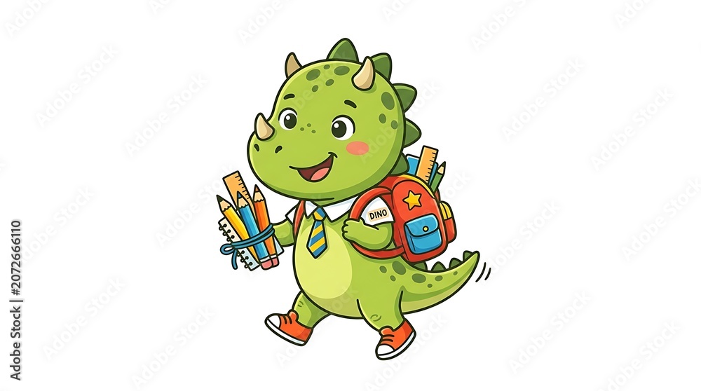 Fototapeta premium Cute cartoon dinosaur character with backpack and school supplies.