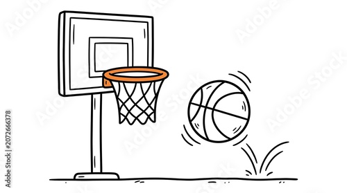 Hand Drawn Basketball Hoop and Ball in Motion.