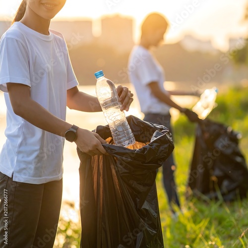 Two people collecting trash by the lake with sunny background