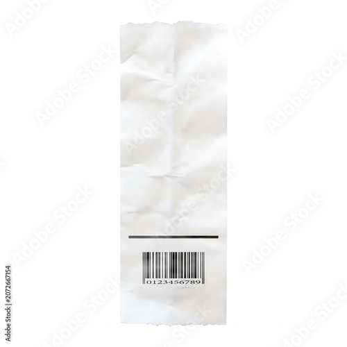 A single long white crumpled paper receipt featuring a black barcode and a horizontal line above it, isolated on a white background, for retail and, financial documentation concepts