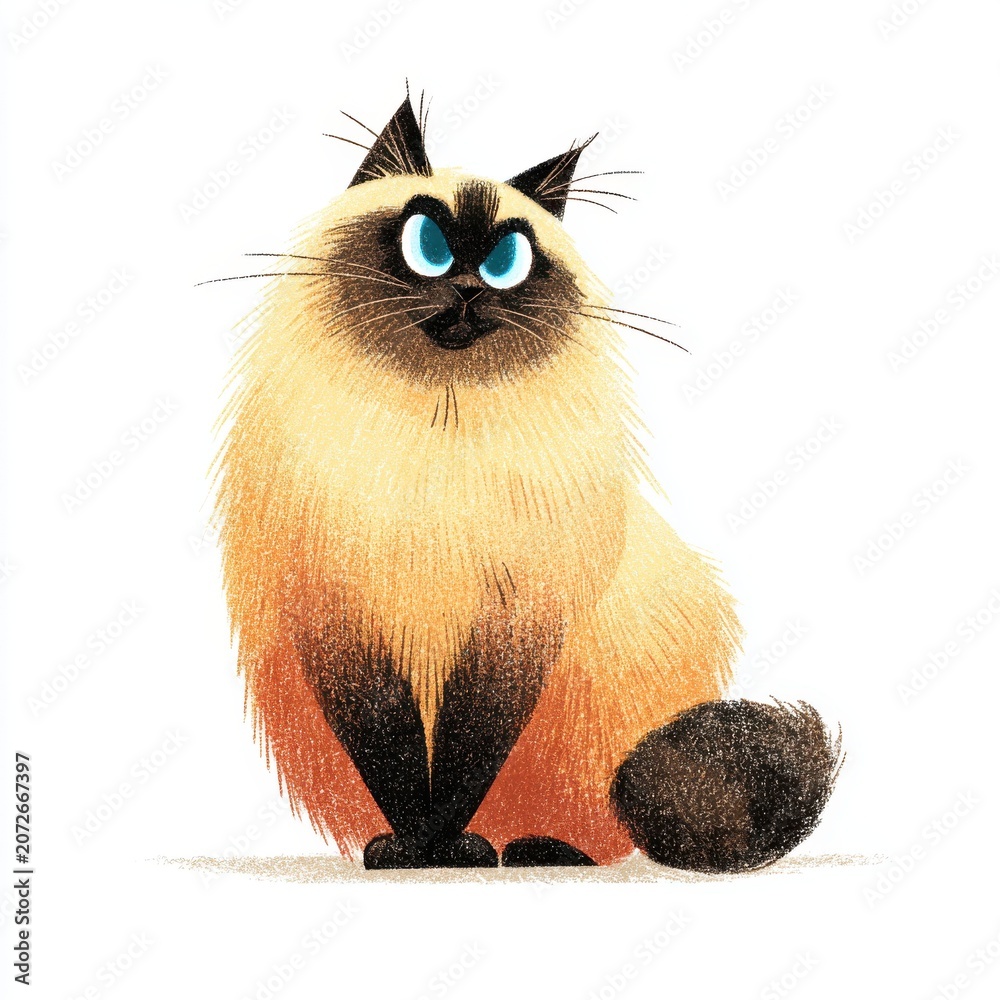 Fototapeta premium Fluffy Siamese Cat With Big Blue Eyes Sitting On White Background And Looking At The Camera