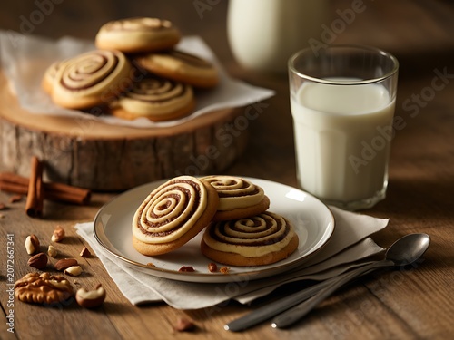 Cinnamon Swirl Cookies on Plate with Milk on Wooden Table