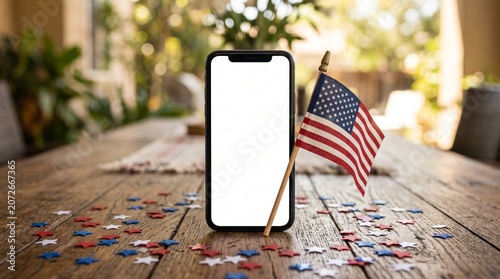 Modern smartphone with blank screen stands proudly beside a small American flag on a rustic wooden