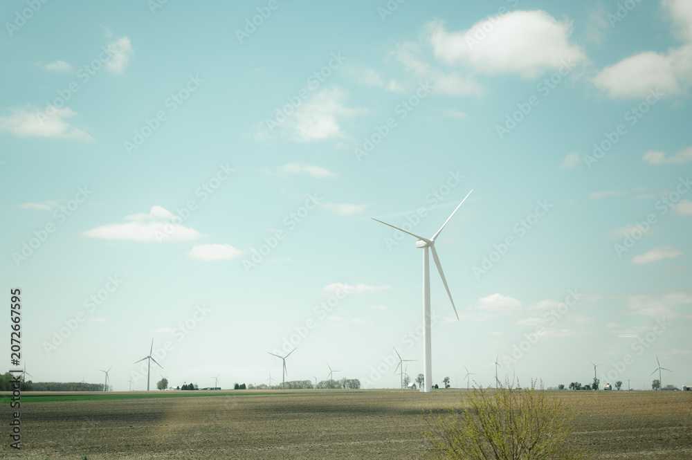 Fototapeta premium Wind turbines turning in a vast rural field with copy space
