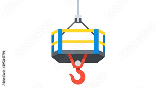 Industrial construction hanging crane platform with safety railings and heavy duty lifting hook, construction