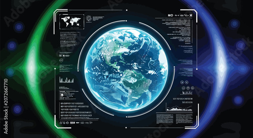 Futuristic Earth Globe, Infographic Elements, Blue Green Technology Background, Vector Graphics