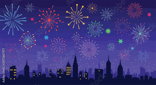 Foto Colorful fireworks display over city skyline at night