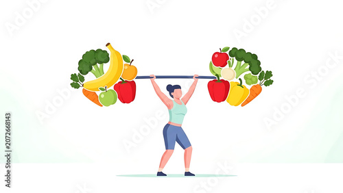 Fit woman lifting heavy barbell made of fresh fruits and vegetables with vegetables lifestyle exercise strength