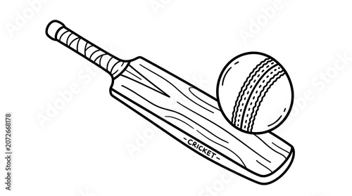 Cricket Bat and Ball Line Drawing.