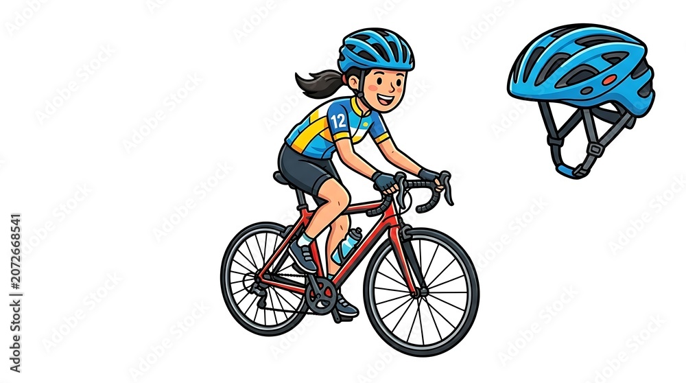 Obraz premium Young girl in blue helmet and cycling jersey riding a red bicycle.
