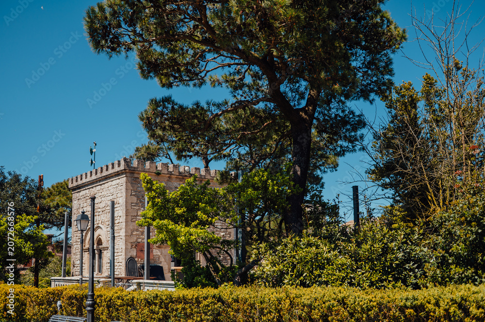 Naklejka premium Historic stone pavilion surrounded by gardens in Erice, Sicily