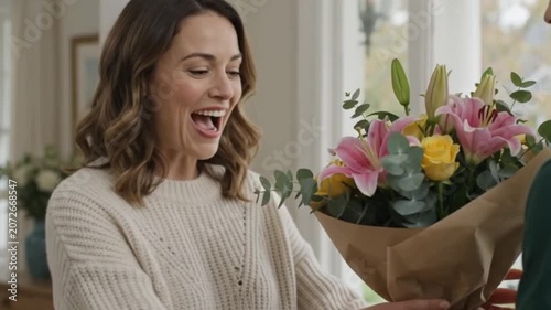 Woman smiling while receiving a surprise bouquet at her front door, authentic happiness.