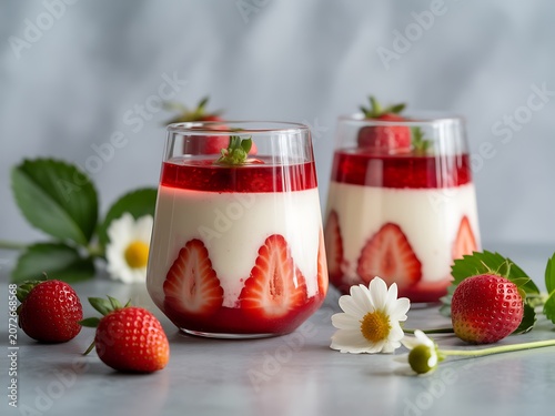 Strawberry Panna Cotta with Fresh Strawberries and Flowers on Table